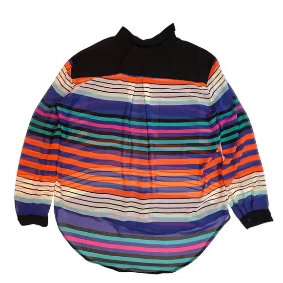 Bisou Busou Blouse Womens XL Colorful Bright Stripes Sheer Button Up Shirt - Picture 2 of 9